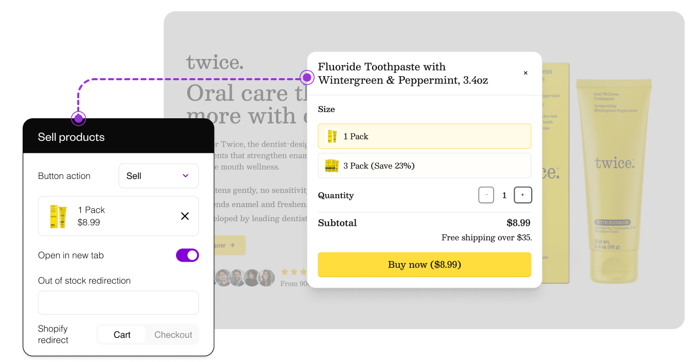 Commerce product and checkout controls on a landing page